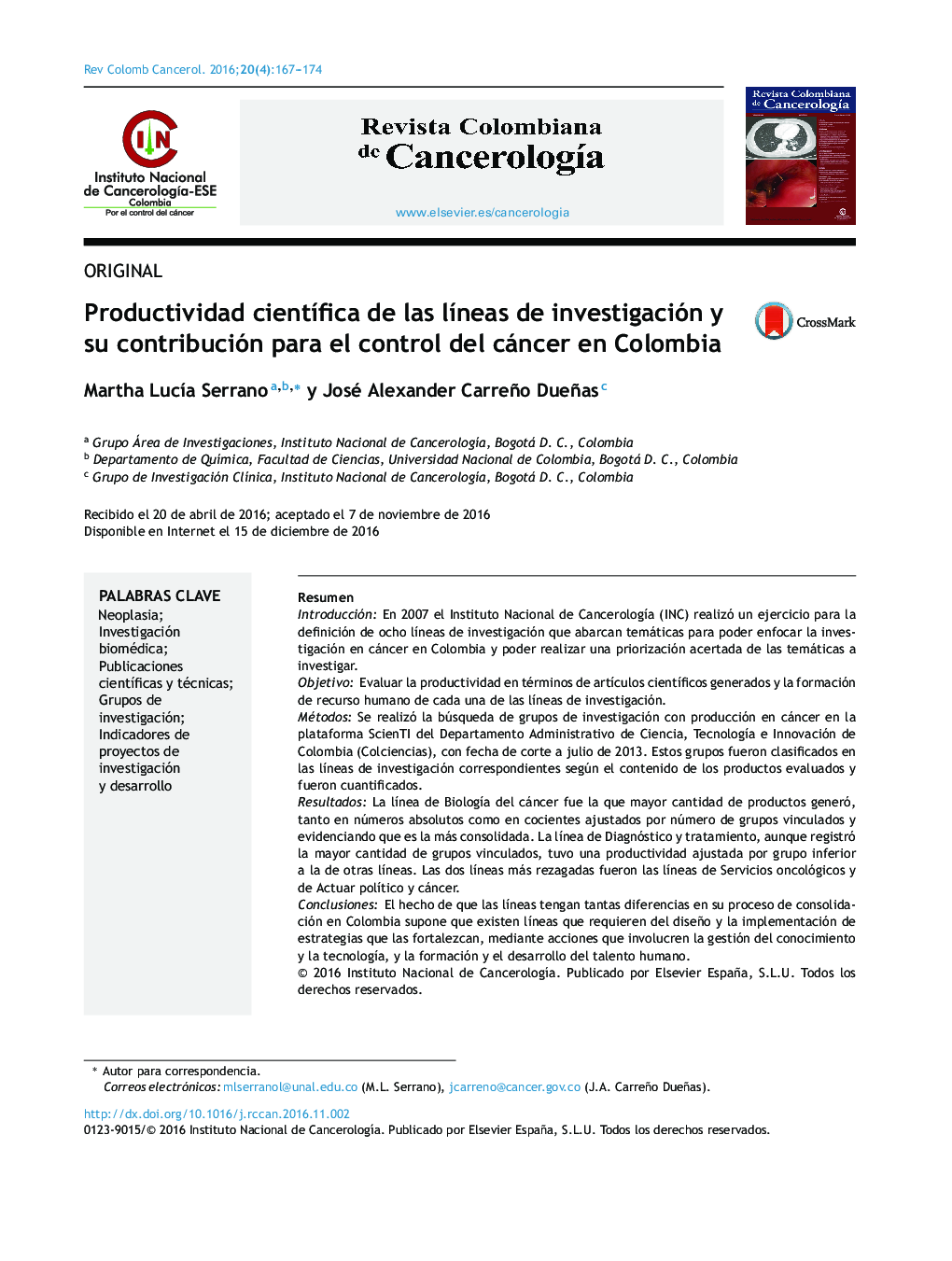 Productividad cientÃ­fica de las lÃ­neas de investigación y su contribución para el control del cáncer en Colombia