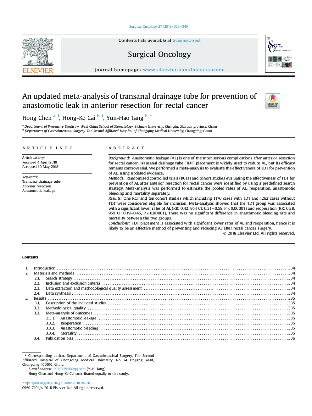 An updated meta-analysis of transanal drainage tube for prevention of anastomotic leak in anterior resection for rectal cancer