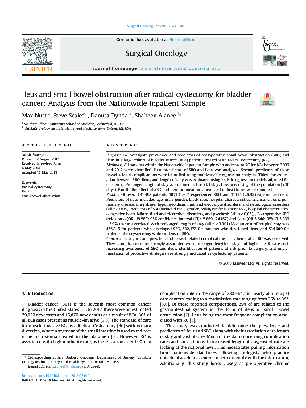 Ileus and small bowel obstruction after radical cystectomy for bladder cancer: Analysis from the Nationwide Inpatient Sample