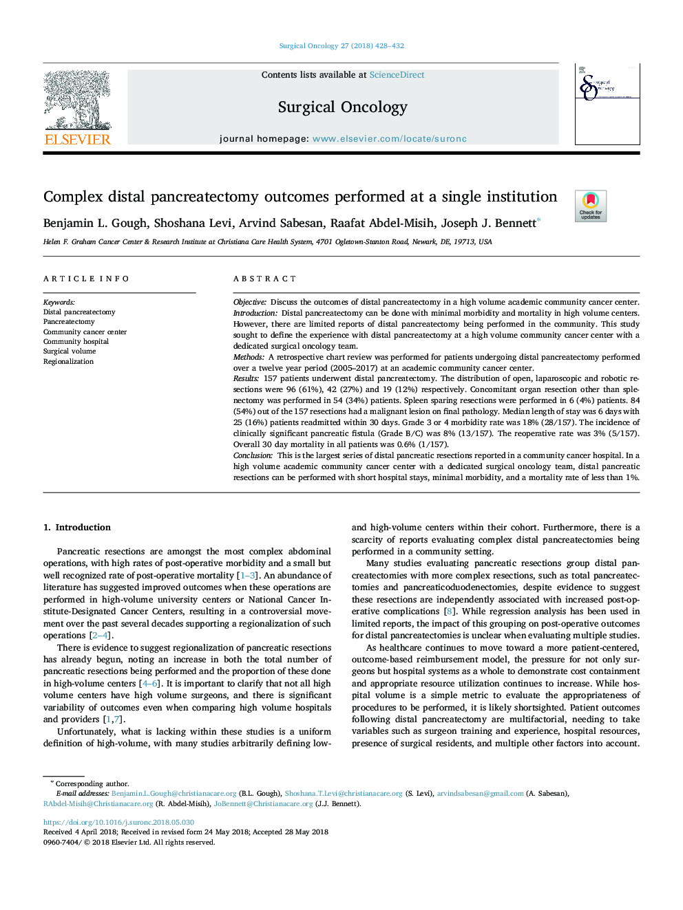 Complex distal pancreatectomy outcomes performed at a single institution