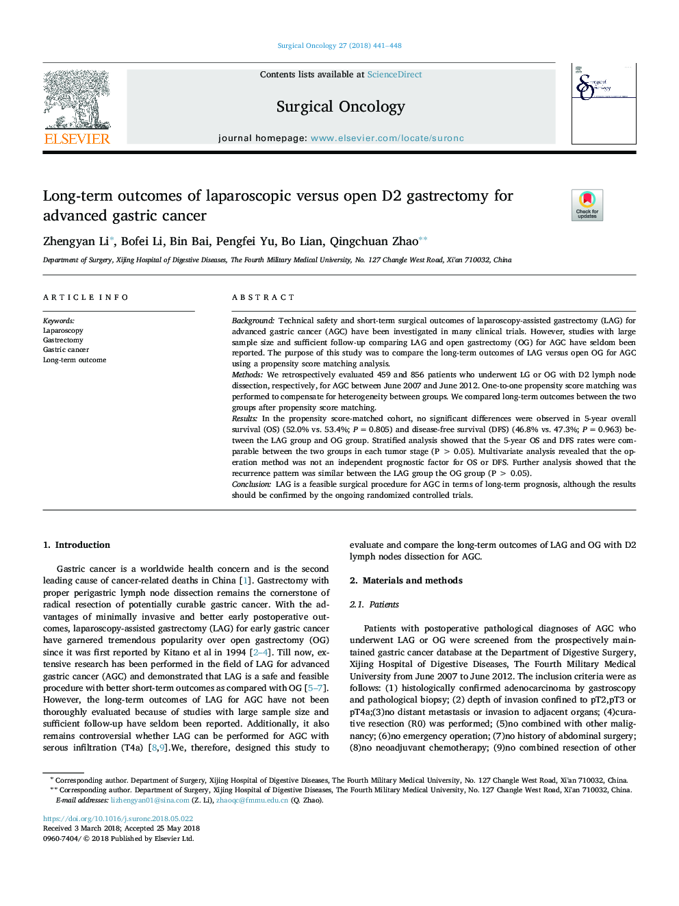 Long-term outcomes of laparoscopic versus open D2 gastrectomy for advanced gastric cancer