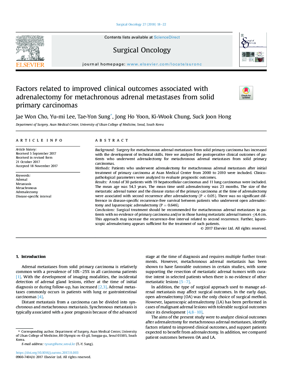 Factors related to improved clinical outcomes associated with adrenalectomy for metachronous adrenal metastases from solid primary carcinomas