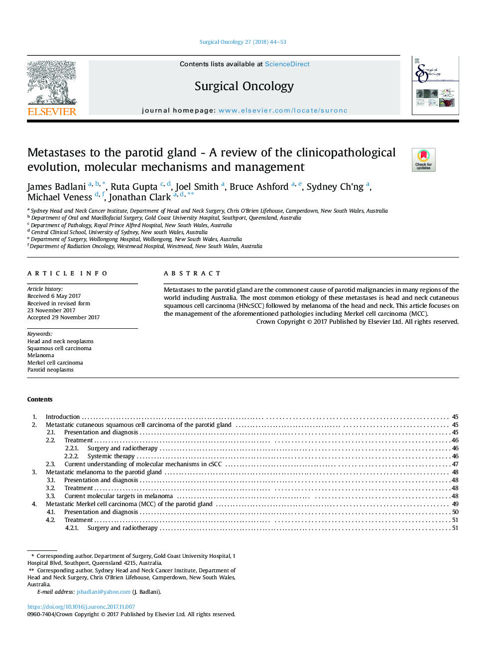 Metastases to the parotid gland - A review of the clinicopathological evolution, molecular mechanisms and management