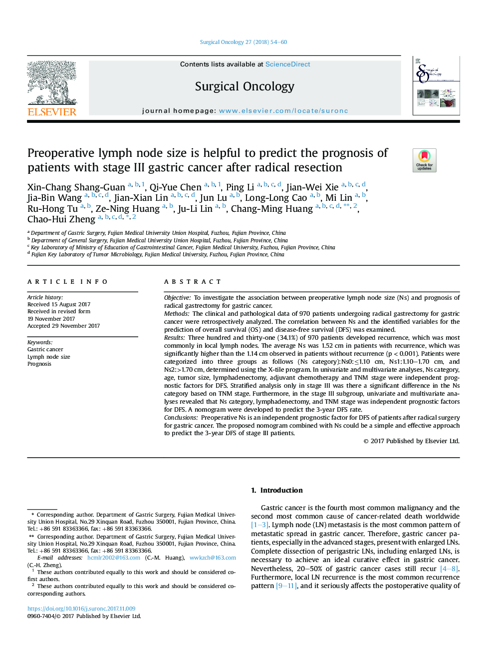 Preoperative lymph node size is helpful to predict the prognosis of patients with stage III gastric cancer after radical resection