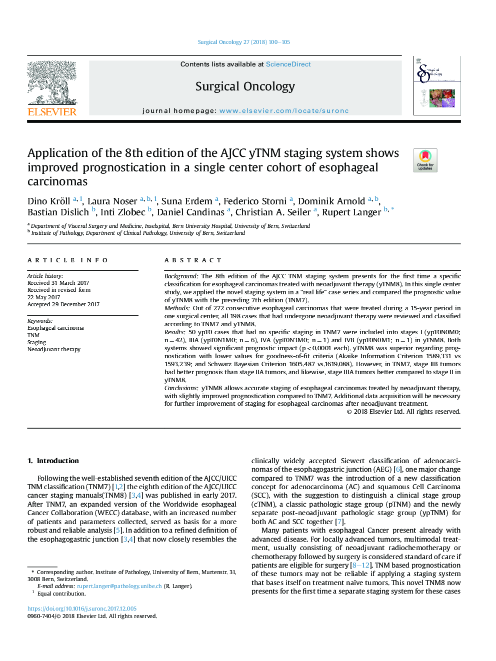 Application of the 8th edition of the AJCC yTNM staging system shows improved prognostication in a single center cohort of esophageal carcinomas