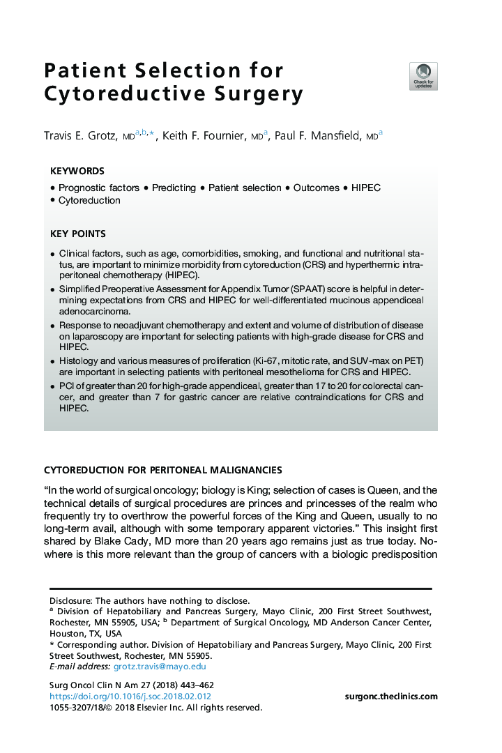 Patient Selection for Cytoreductive Surgery