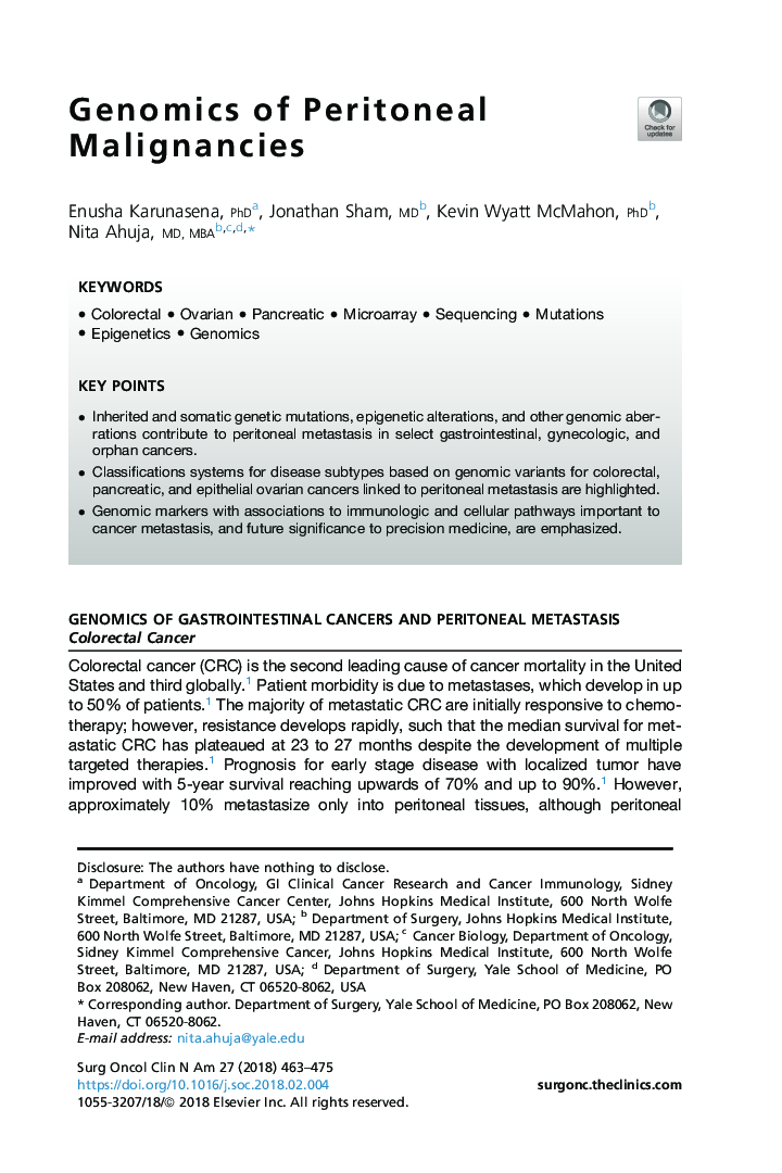 Genomics of Peritoneal Malignancies