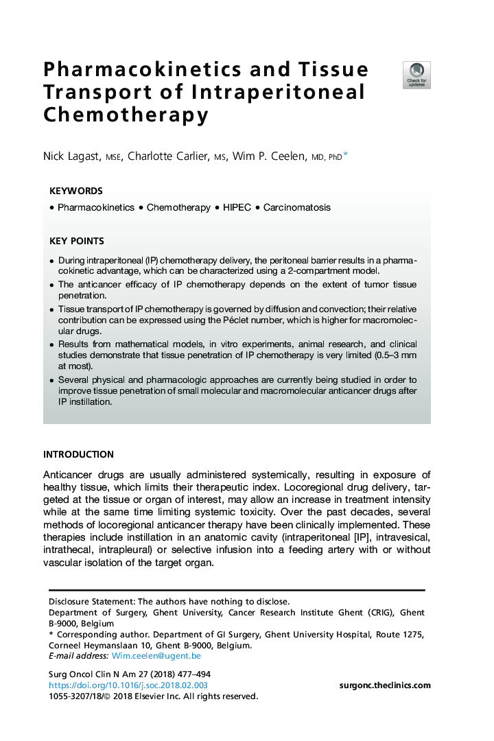 Pharmacokinetics and Tissue Transport of Intraperitoneal Chemotherapy