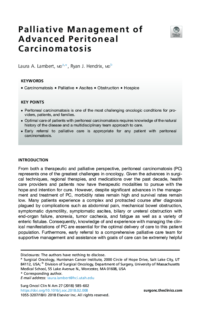 Palliative Management of Advanced Peritoneal Carcinomatosis