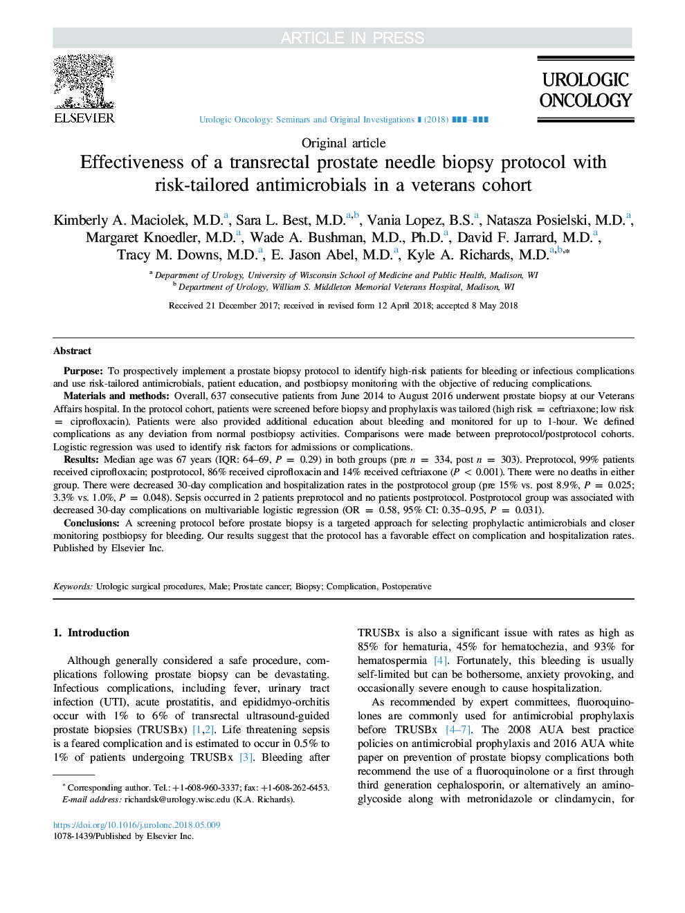 Effectiveness of a transrectal prostate needle biopsy protocol with risk-tailored antimicrobials in a veterans cohort