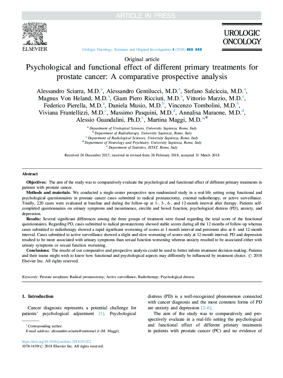 Psychological and functional effect of different primary treatments for prostate cancer: A comparative prospective analysis