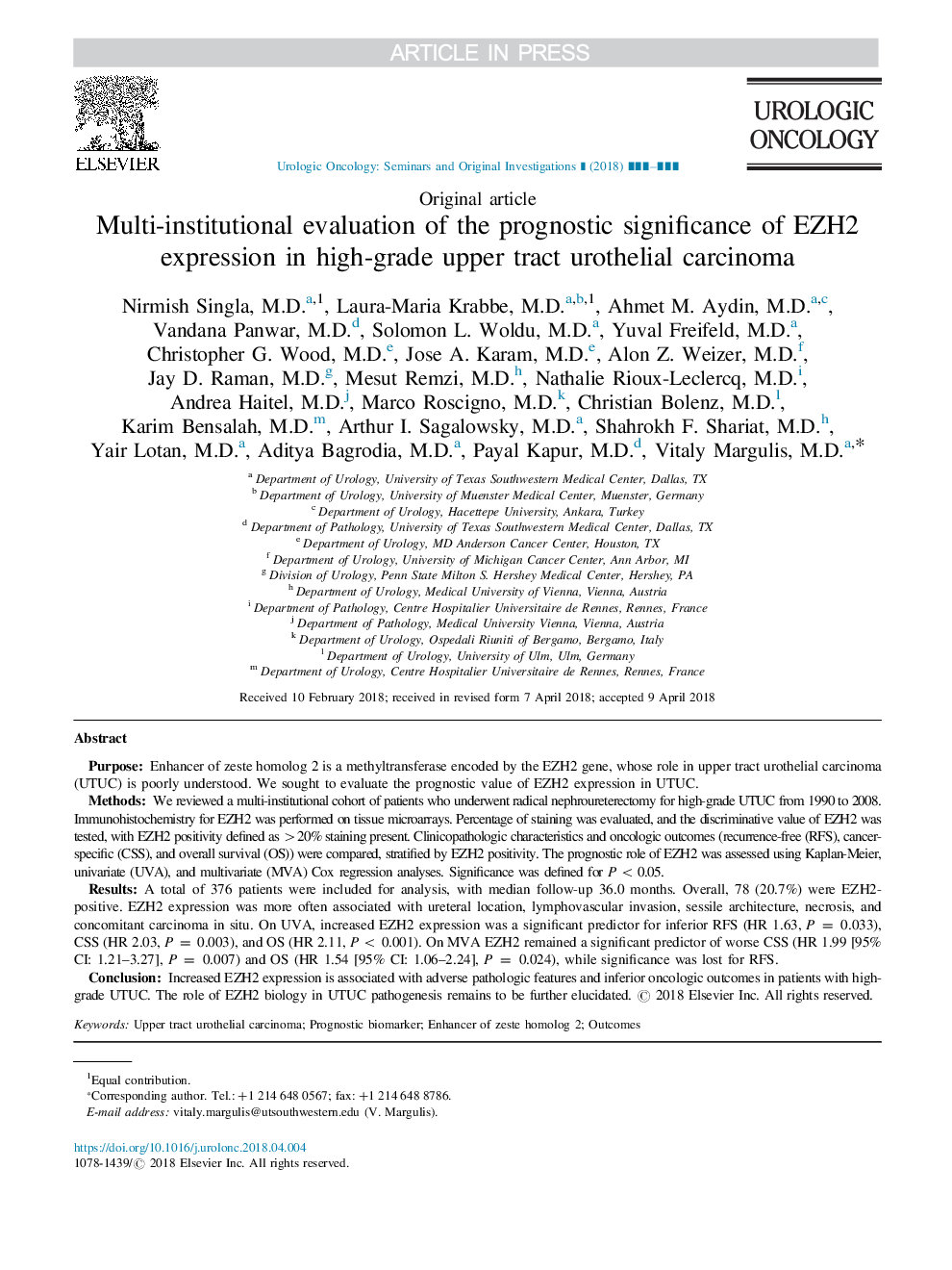 Multi-institutional evaluation of the prognostic significance of EZH2 expression in high-grade upper tract urothelial carcinoma