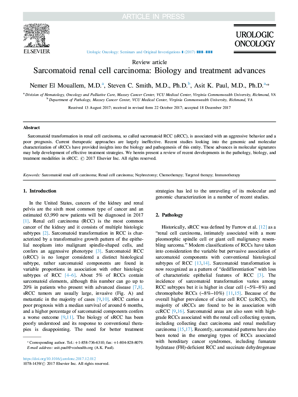 Sarcomatoid renal cell carcinoma: Biology and treatment advances