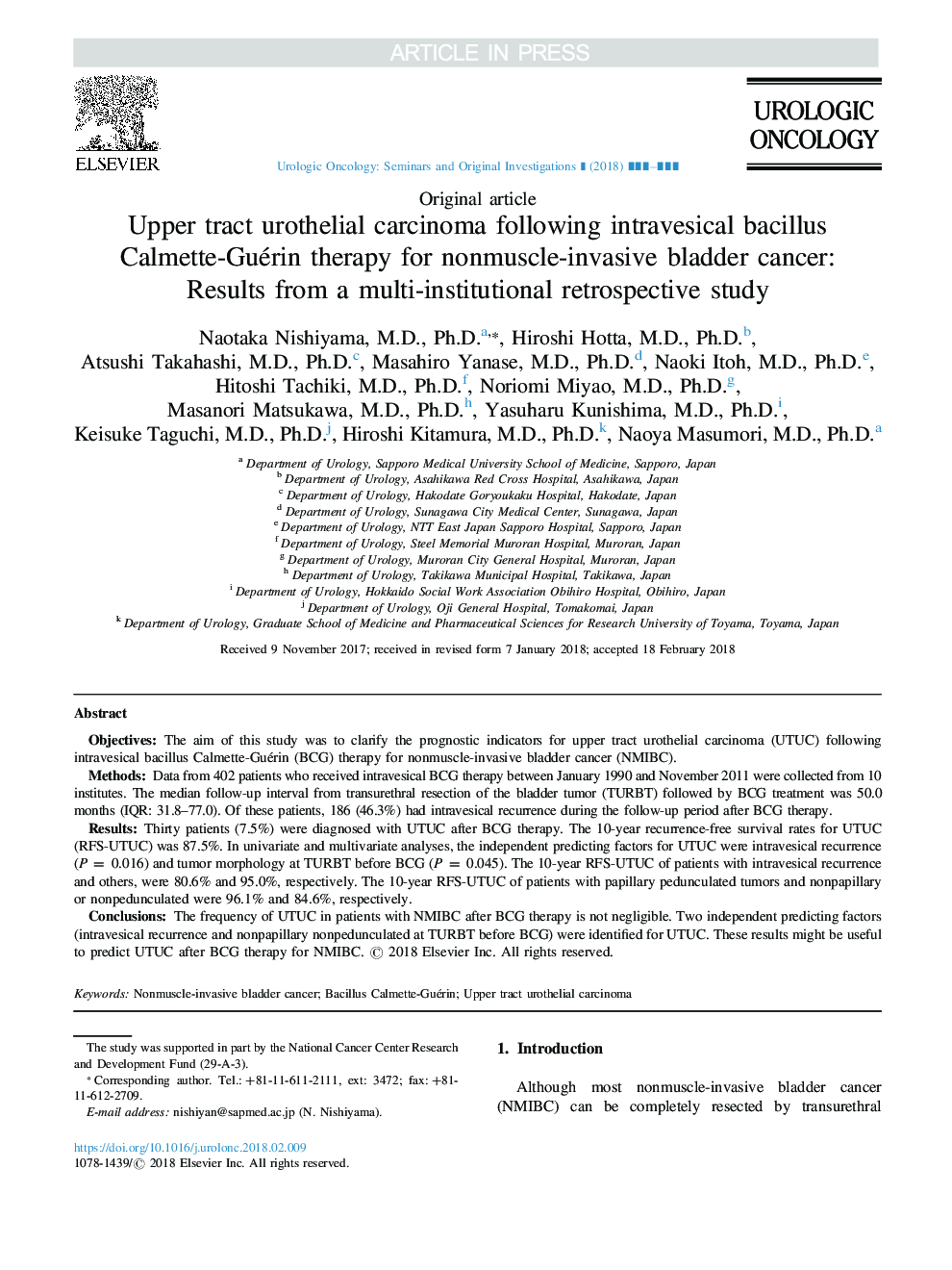 Upper tract urothelial carcinoma following intravesical bacillus Calmette-Guérin therapy for nonmuscle-invasive bladder cancer: Results from a multi-institutional retrospective study