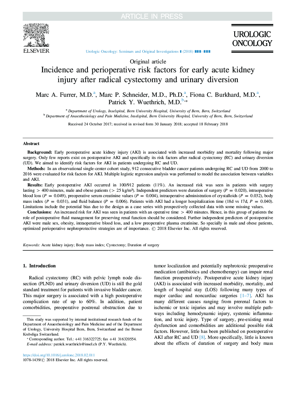 Incidence and perioperative risk factors for early acute kidney injury after radical cystectomy and urinary diversion