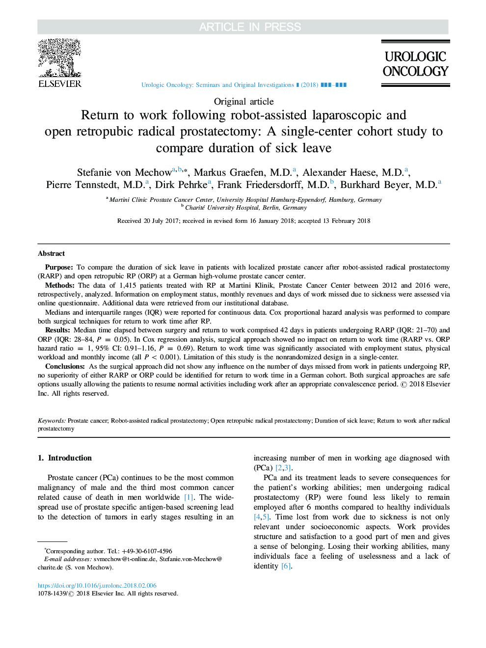 Return to work following robot-assisted laparoscopic and open retropubic radical prostatectomy: A single-center cohort study to compare duration of sick leave