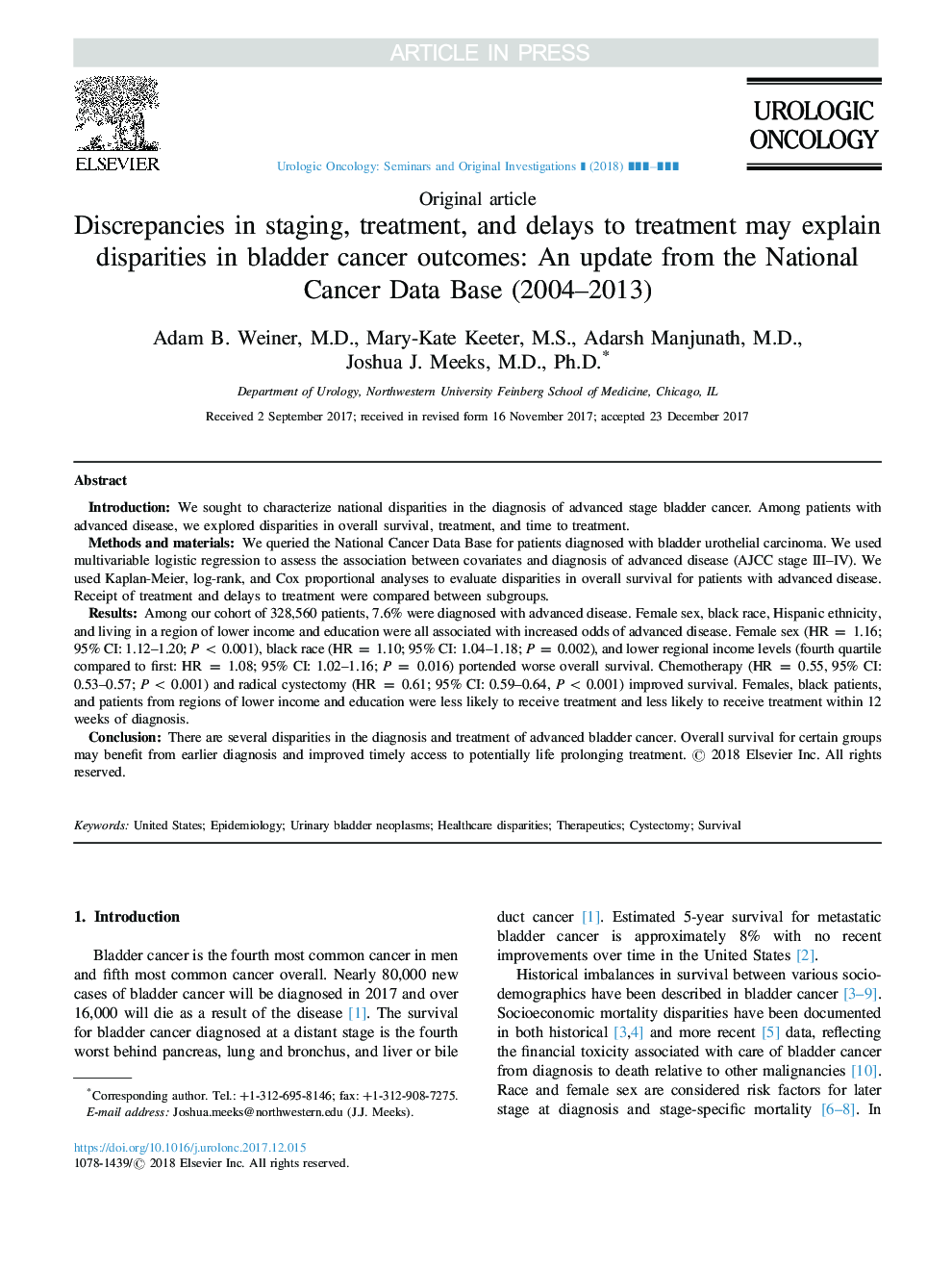 Discrepancies in staging, treatment, and delays to treatment may explain disparities in bladder cancer outcomes: An update from the National Cancer Data Base (2004-2013)