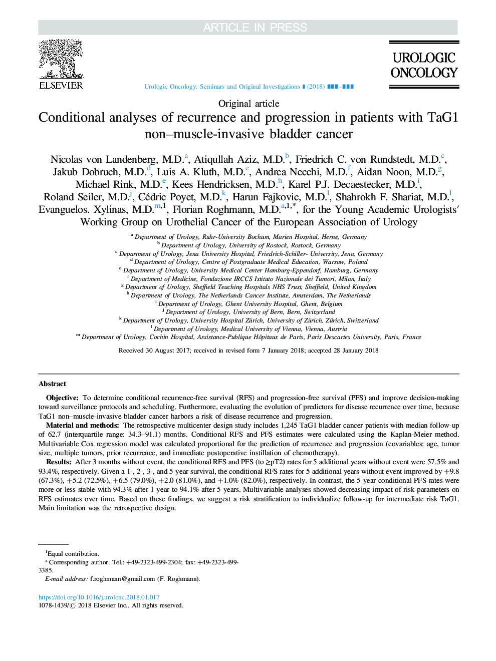 Conditional analyses of recurrence and progression in patients with TaG1 non-muscle-invasive bladder cancer