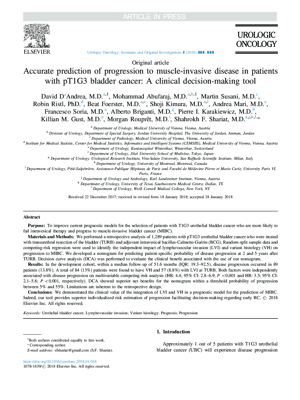 Accurate prediction of progression to muscle-invasive disease in patients with pT1G3 bladder cancer: A clinical decision-making tool