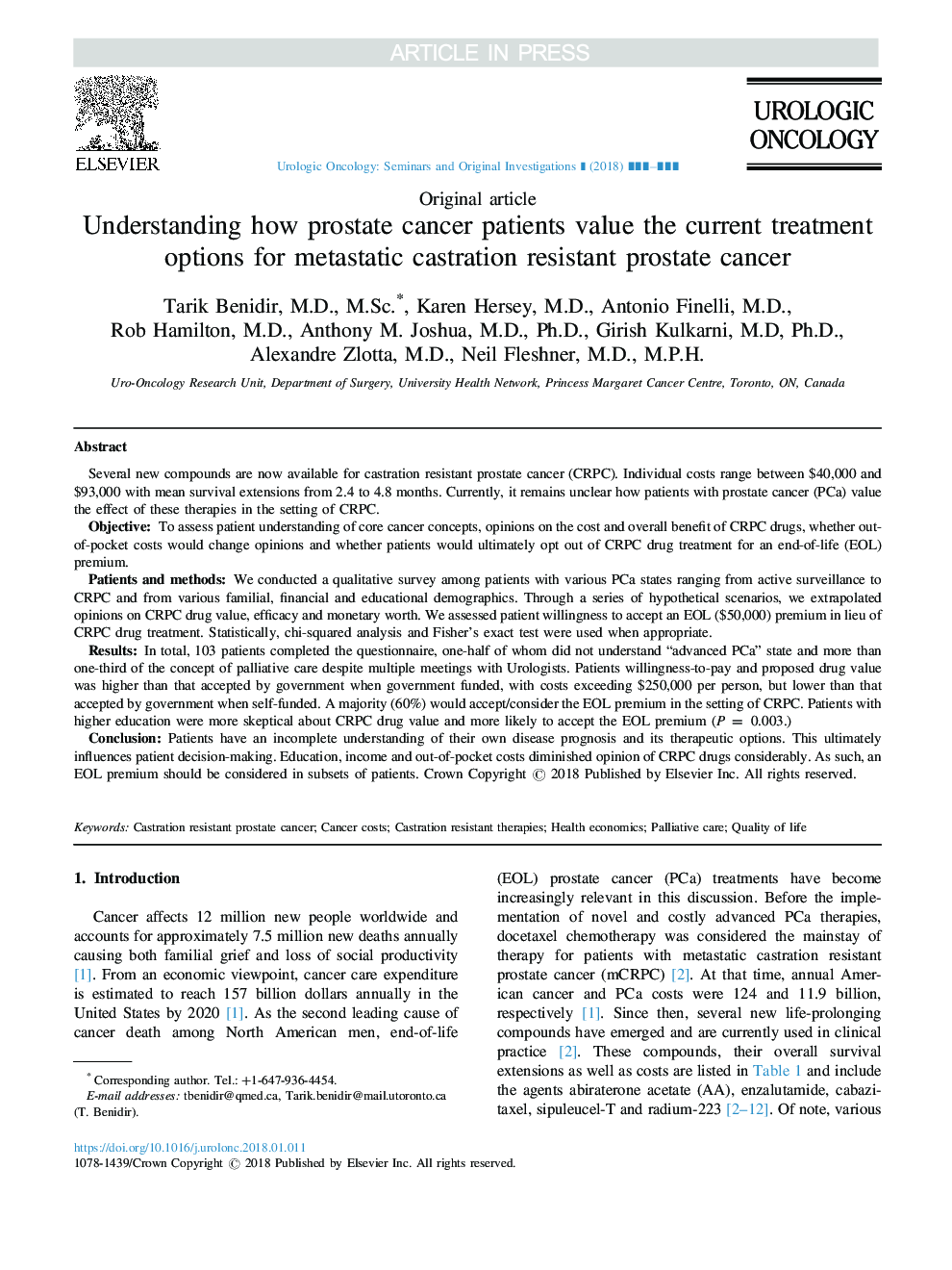 Understanding how prostate cancer patients value the current treatment options for metastatic castration resistant prostate cancer