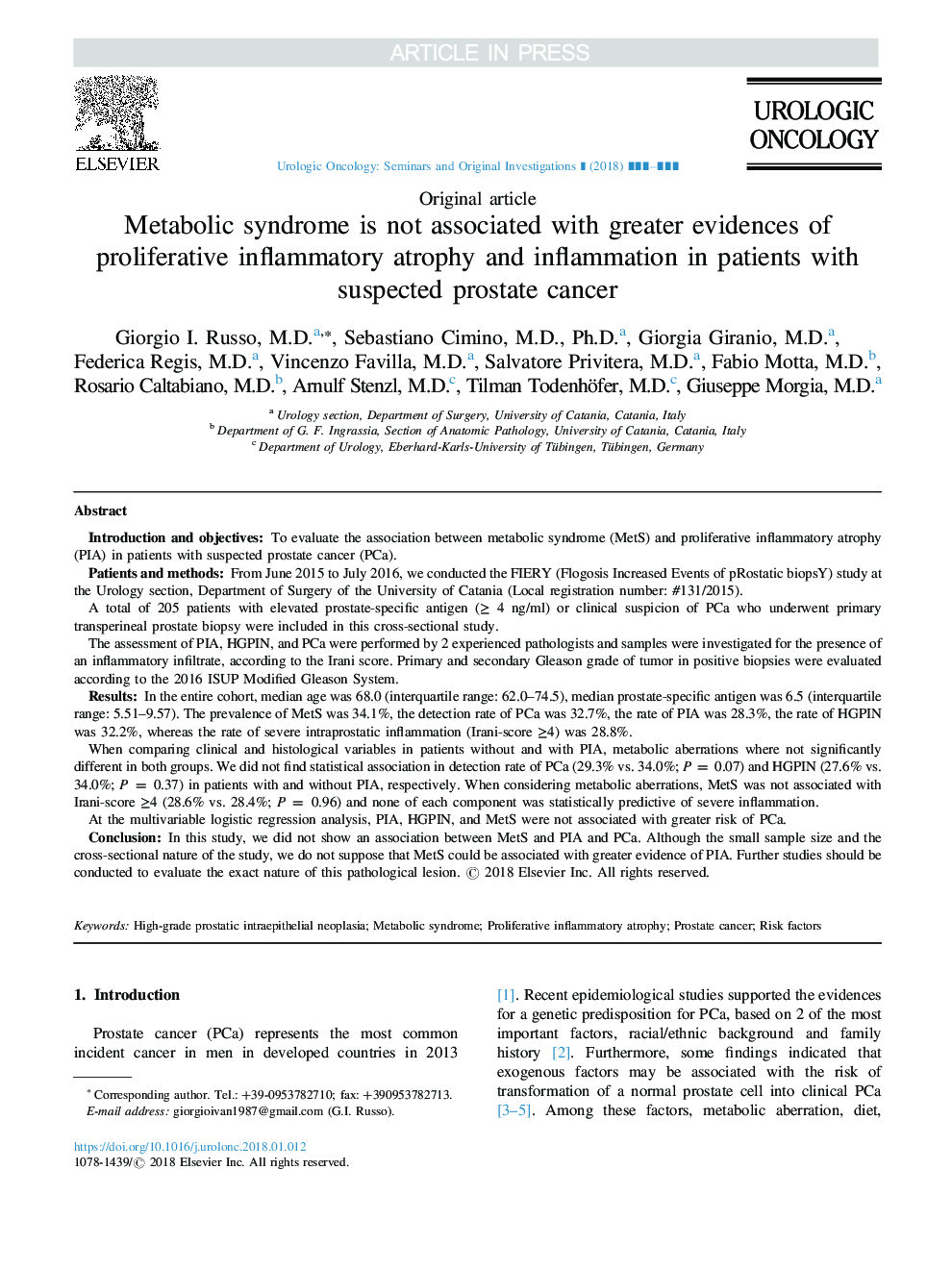 Metabolic syndrome is not associated with greater evidences of proliferative inflammatory atrophy and inflammation in patients with suspected prostate cancer