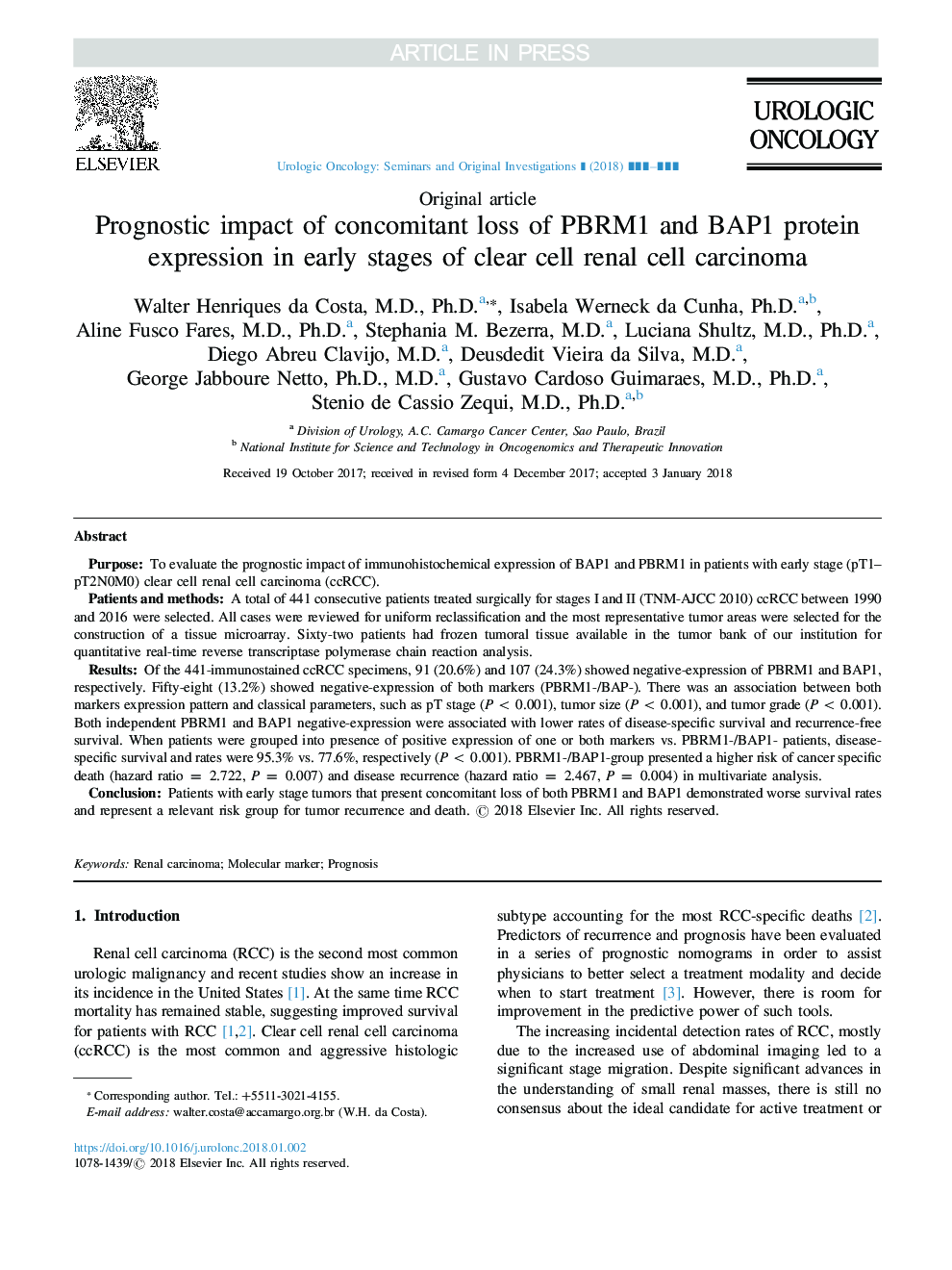 Prognostic impact of concomitant loss of PBRM1 and BAP1 protein expression in early stages of clear cell renal cell carcinoma