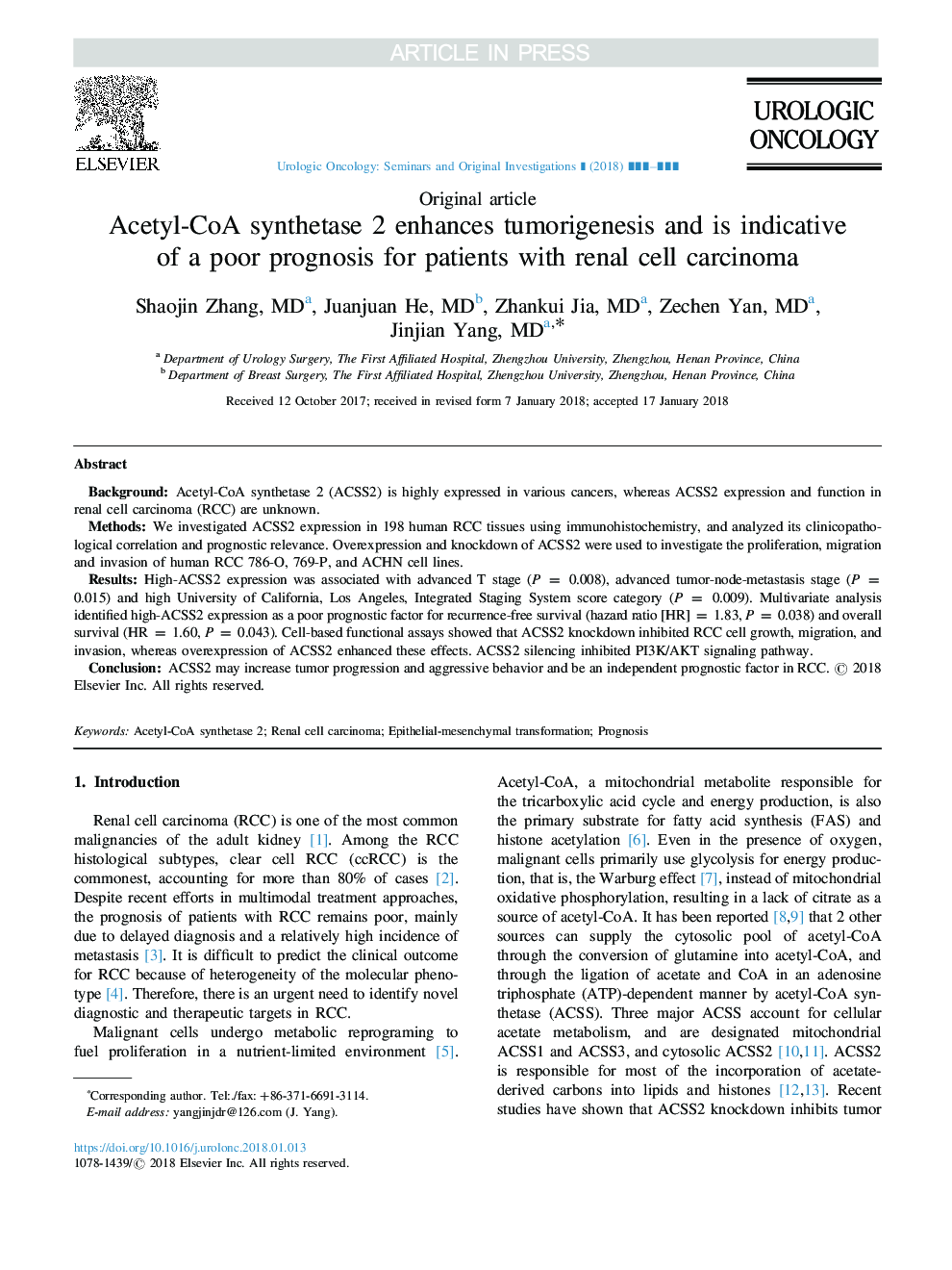 Acetyl-CoA synthetase 2 enhances tumorigenesis and is indicative of a poor prognosis for patients with renal cell carcinoma