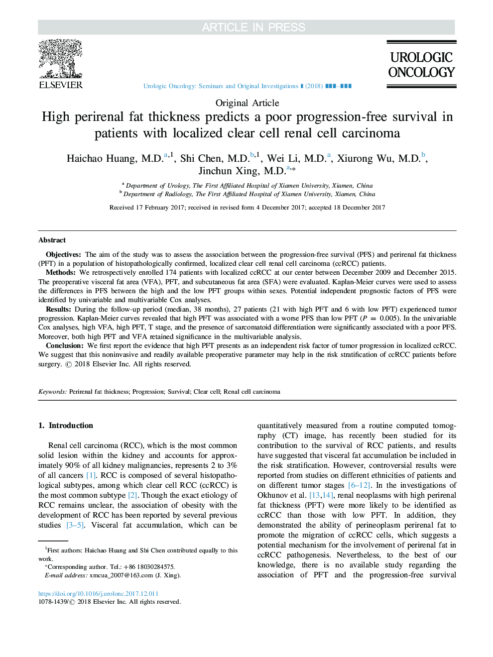 High perirenal fat thickness predicts a poor progression-free survival in patients with localized clear cell renal cell carcinoma