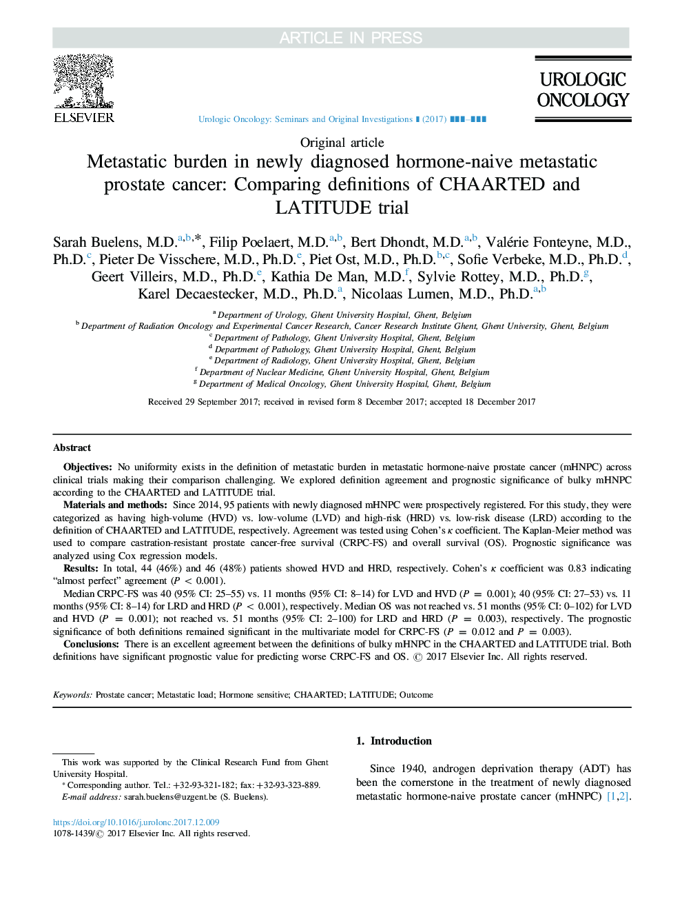 Metastatic burden in newly diagnosed hormone-naive metastatic prostate cancer: Comparing definitions of CHAARTED and LATITUDE trial