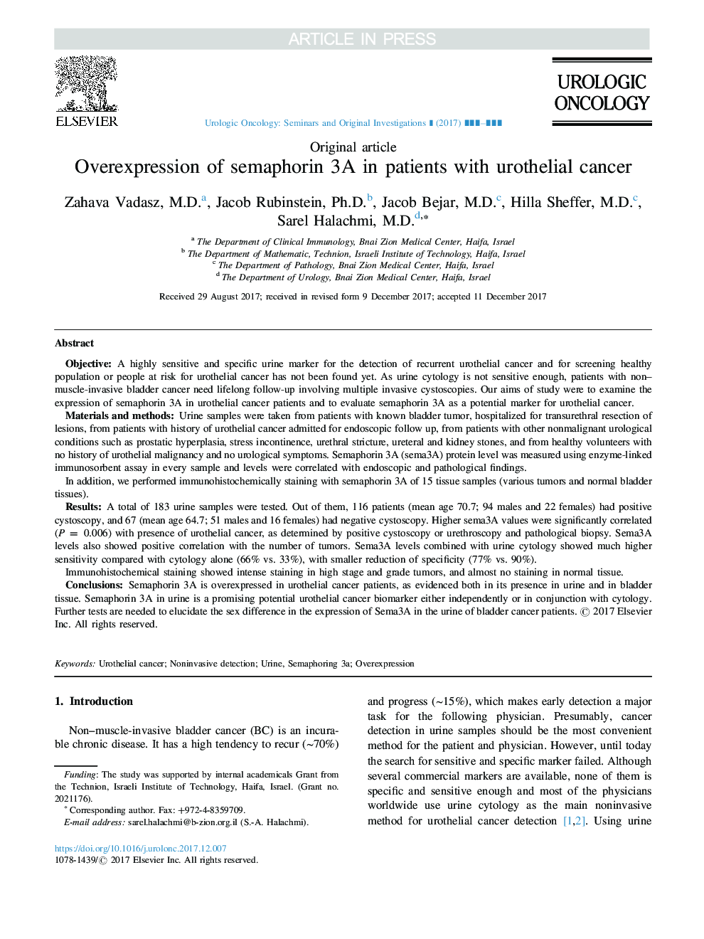 Overexpression of semaphorin 3A in patients with urothelial cancer