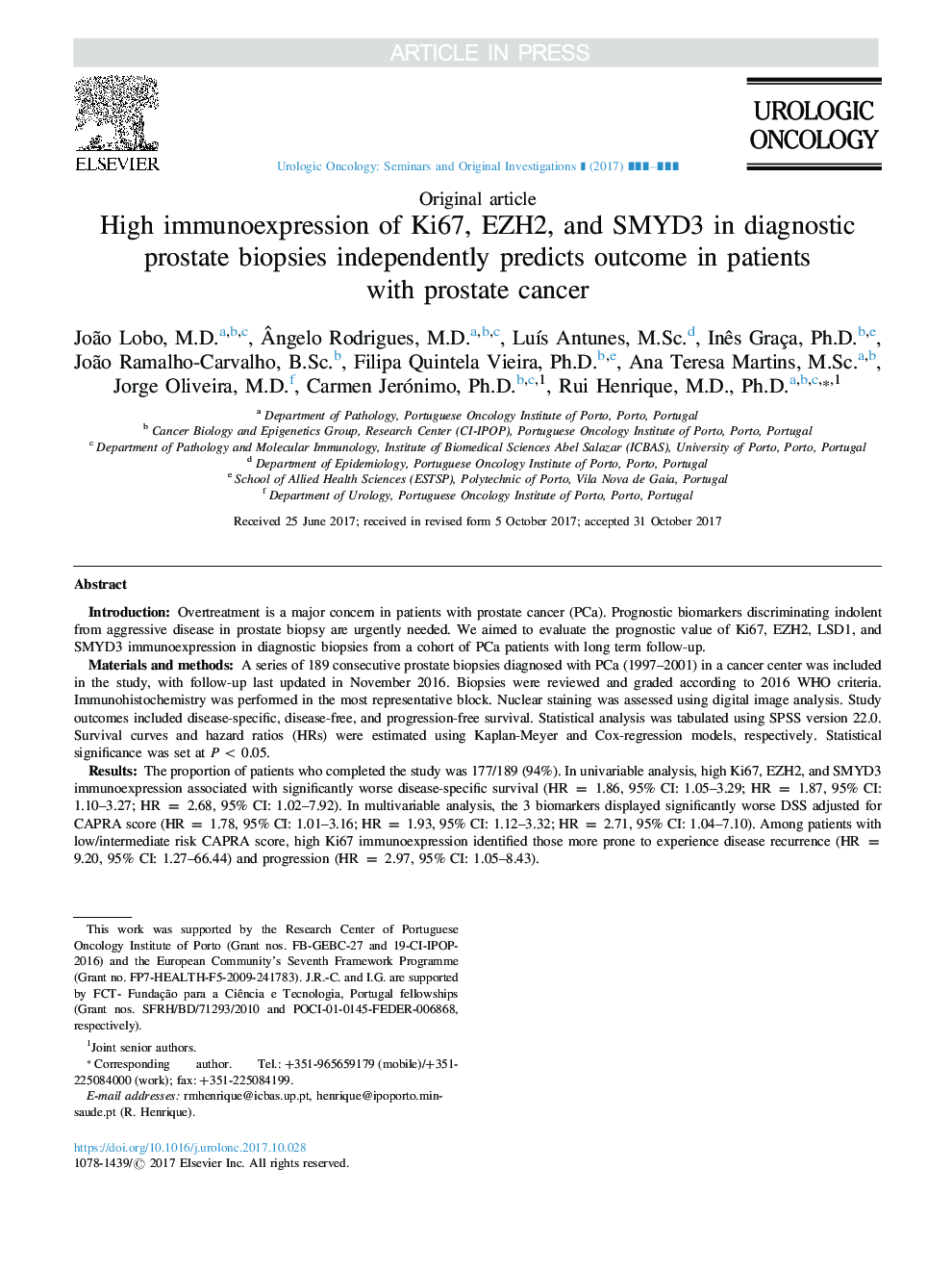 High immunoexpression of Ki67, EZH2, and SMYD3 in diagnostic prostate biopsies independently predicts outcome in patients with prostate cancer