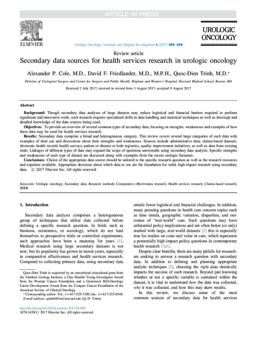منابع داده های ثانویه برای تحقیقات خدمات بهداشتی در انکولوژی اورولوژی 