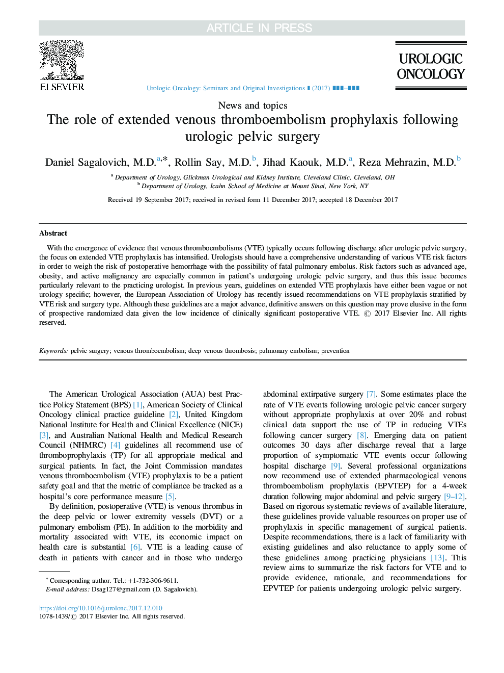 The role of extended venous thromboembolism prophylaxis following urologic pelvic surgery