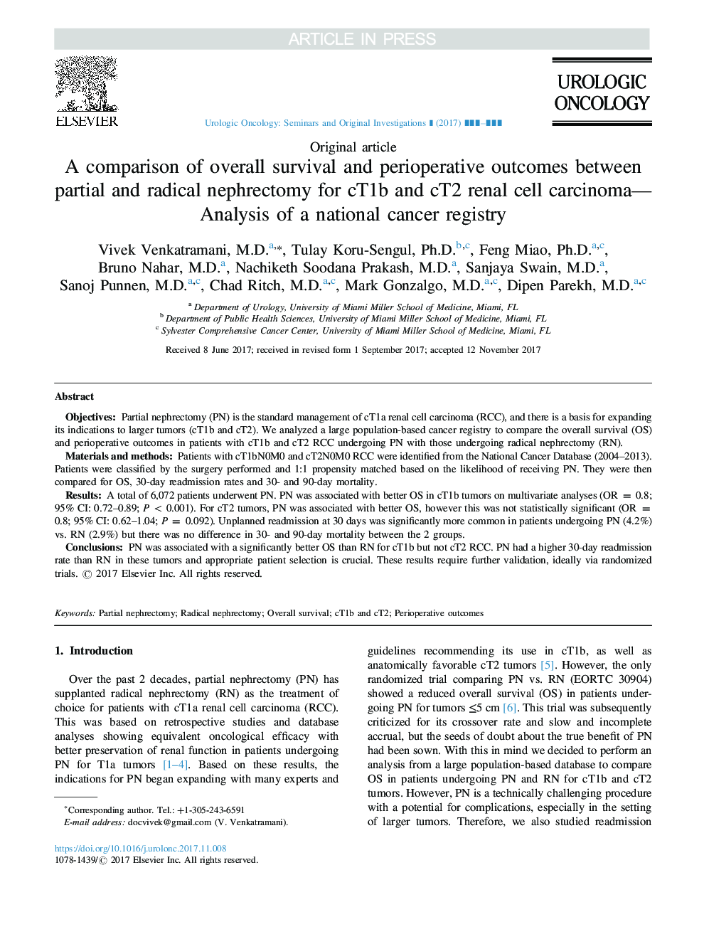 A comparison of overall survival and perioperative outcomes between partial and radical nephrectomy for cT1b and cT2 renal cell carcinoma-Analysis of a national cancer registry