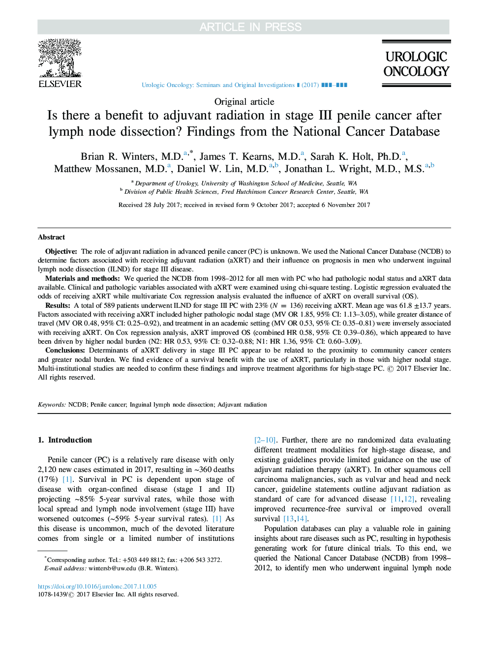 Is there a benefit to adjuvant radiation in stage III penile cancer after lymph node dissection? Findings from the National Cancer Database