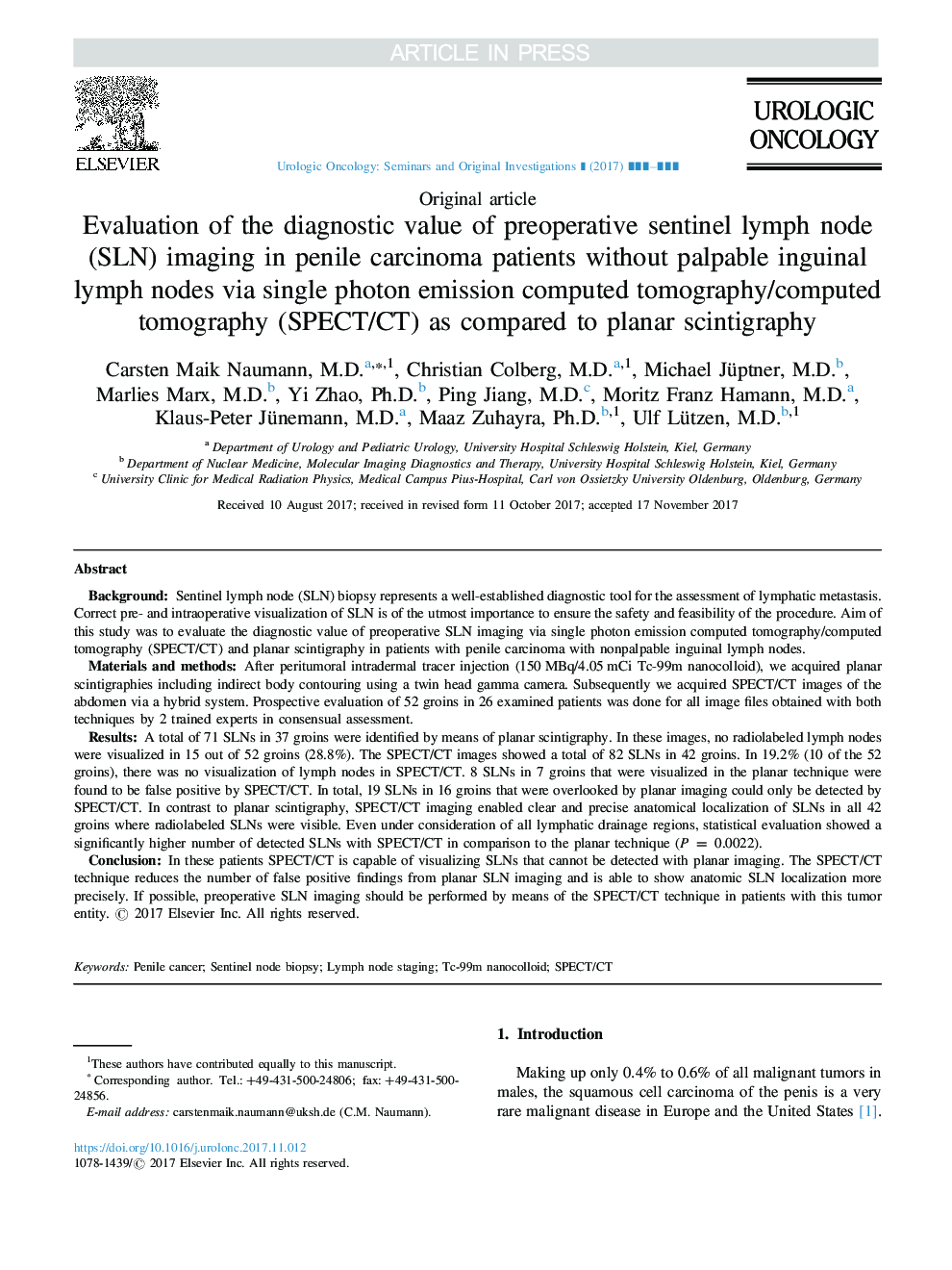 Evaluation of the diagnostic value of preoperative sentinel lymph node (SLN) imaging in penile carcinoma patients without palpable inguinal lymph nodes via single photon emission computed tomography/computed tomography (SPECT/CT) as compared to planar sci