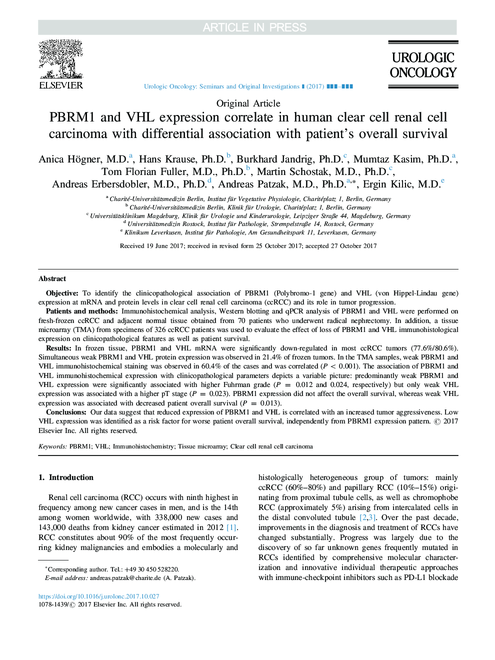 PBRM1 and VHL expression correlate in human clear cell renal cell carcinoma with differential association with patient's overall survival