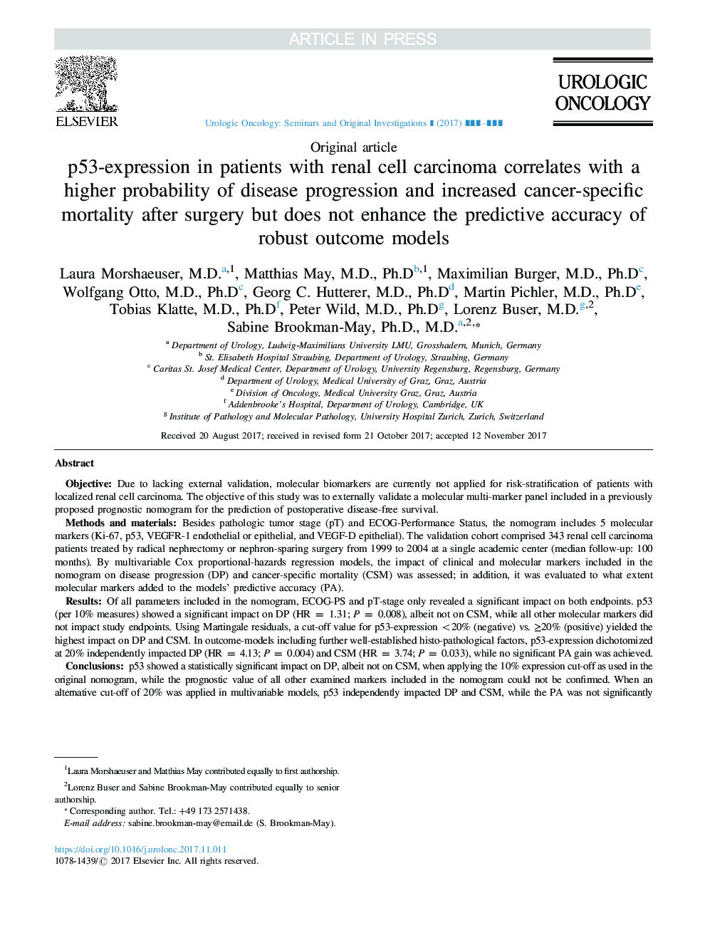 p53-expression in patients with renal cell carcinoma correlates with a higher probability of disease progression and increased cancer-specific mortality after surgery but does not enhance the predictive accuracy of robust outcome models