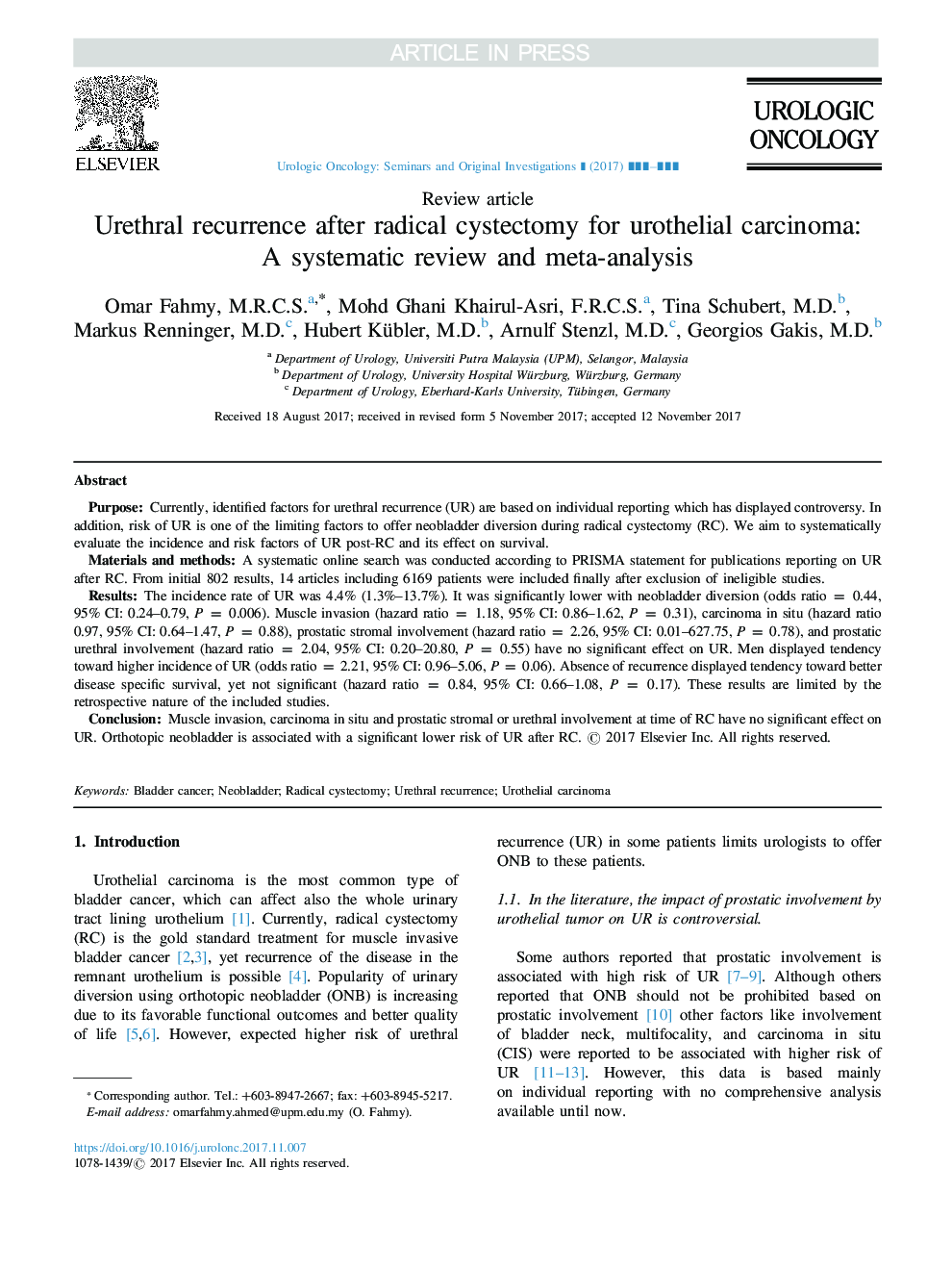 Urethral recurrence after radical cystectomy for urothelial carcinoma: A systematic review and meta-analysis