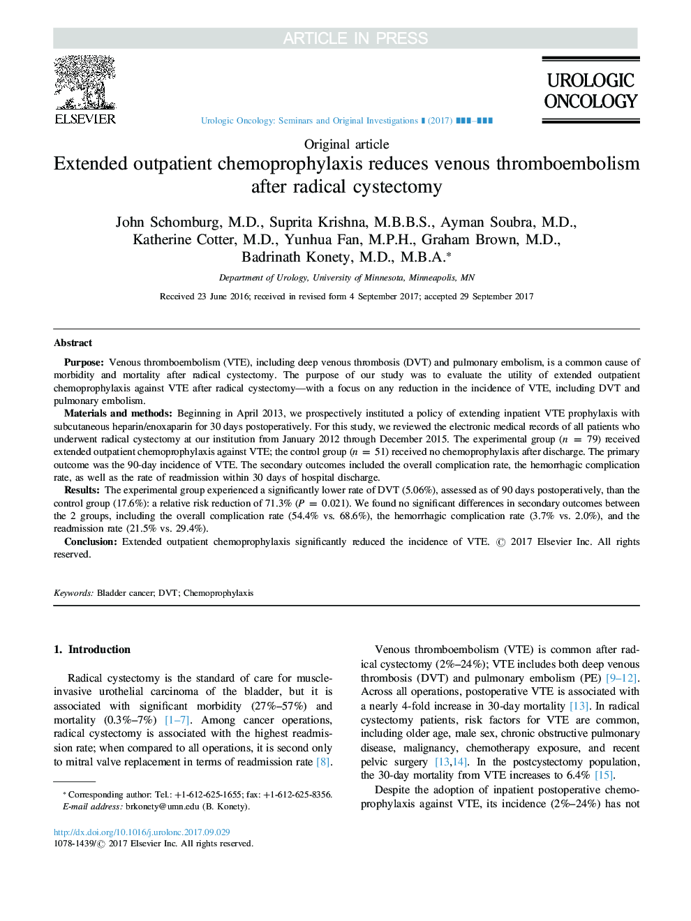 Extended outpatient chemoprophylaxis reduces venous thromboembolism after radical cystectomy