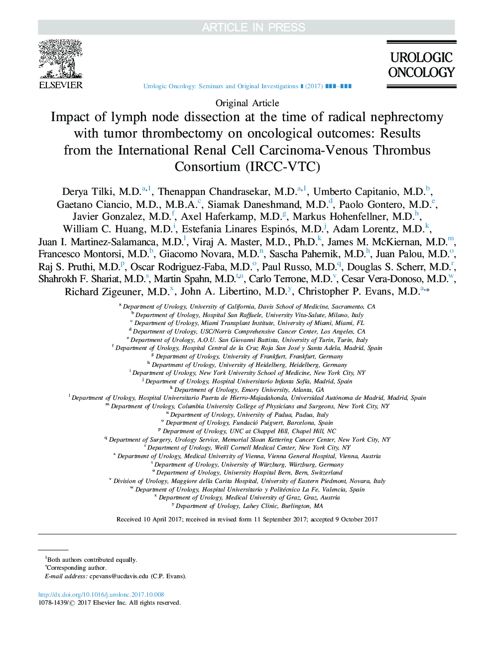 Impact of lymph node dissection at the time of radical nephrectomy with tumor thrombectomy on oncological outcomes: Results from the International Renal Cell Carcinoma-Venous Thrombus Consortium (IRCC-VTC)