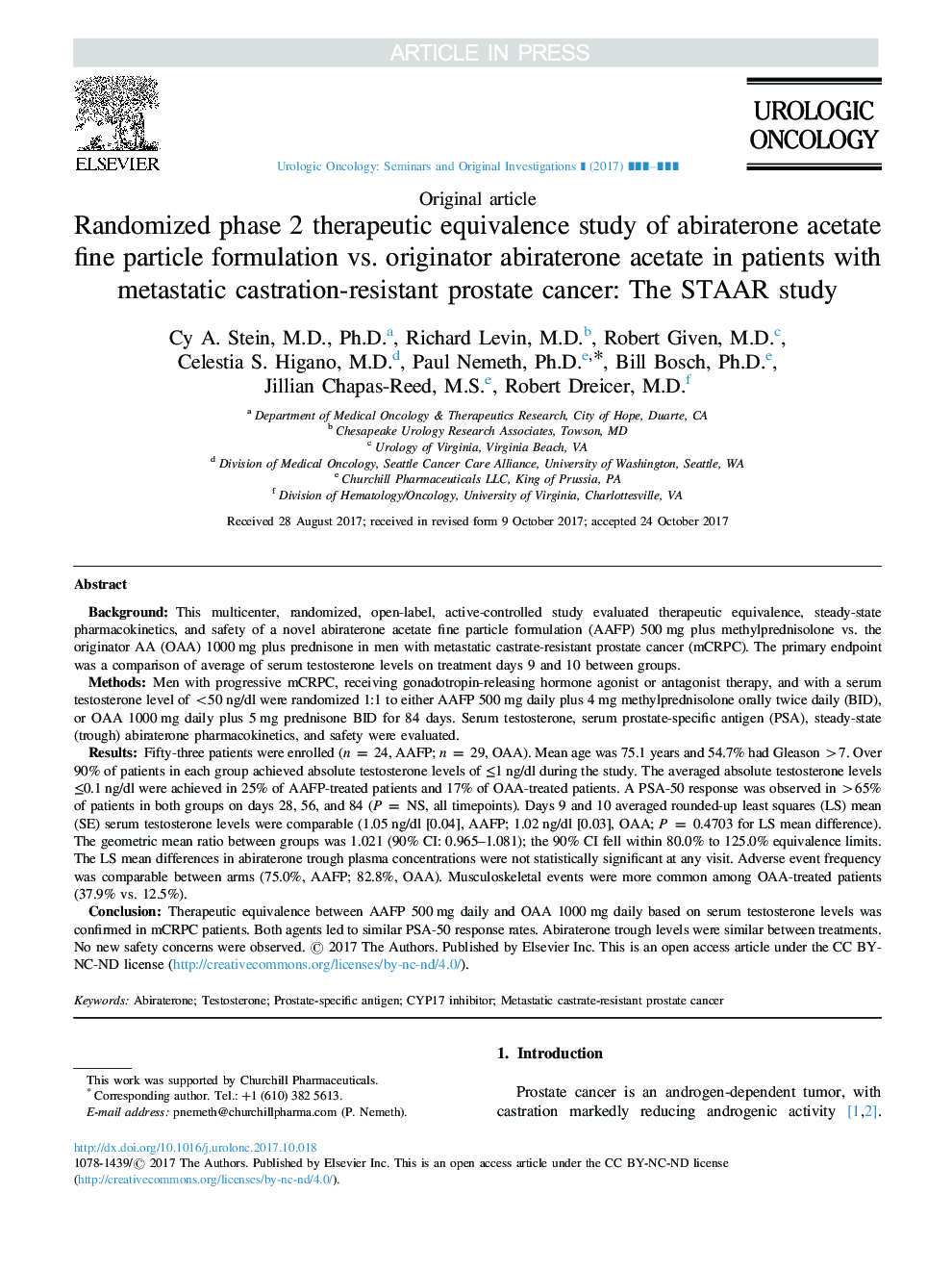 Randomized phase 2 therapeutic equivalence study of abiraterone acetate fine particle formulation vs. originator abiraterone acetate in patients with metastatic castration-resistant prostate cancer: The STAAR study