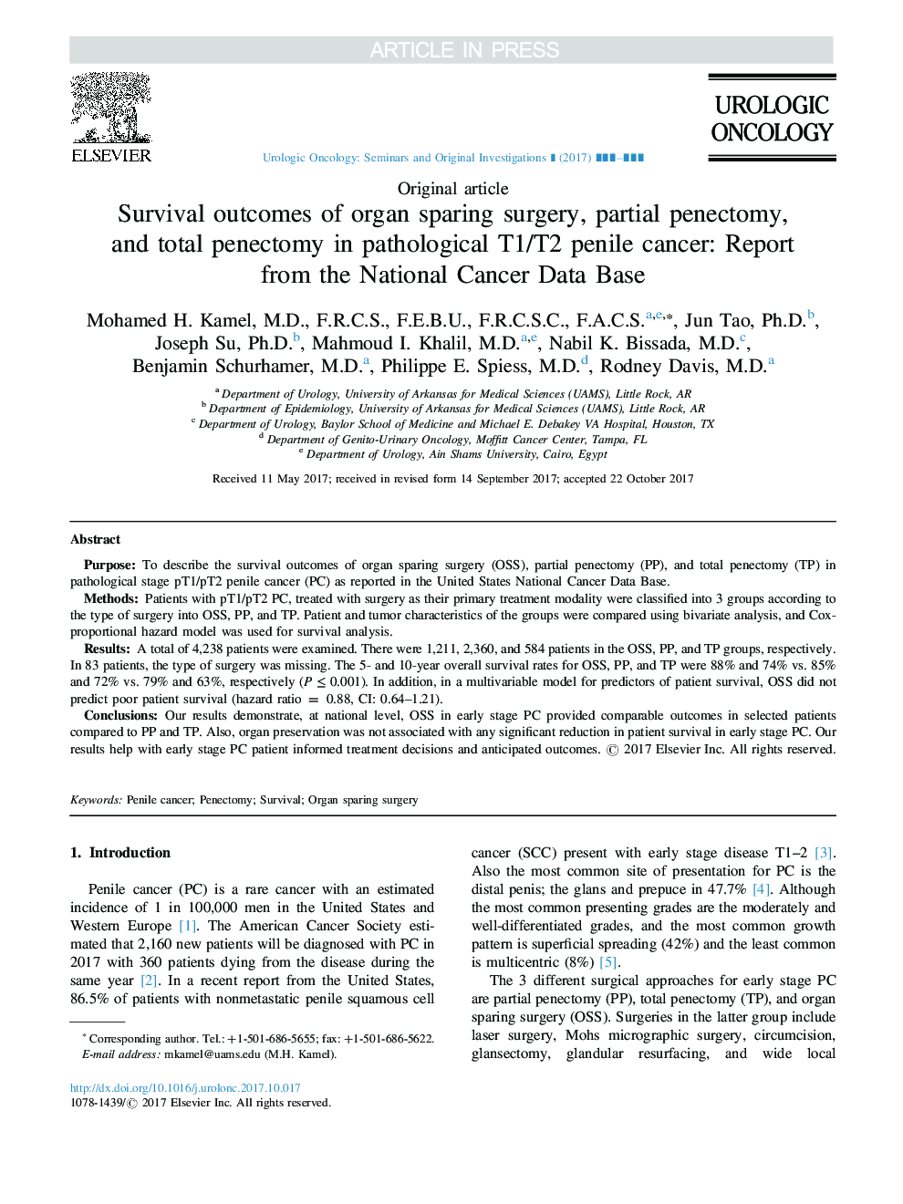 Survival outcomes of organ sparing surgery, partial penectomy, and total penectomy in pathological T1/T2 penile cancer: Report from the National Cancer Data Base