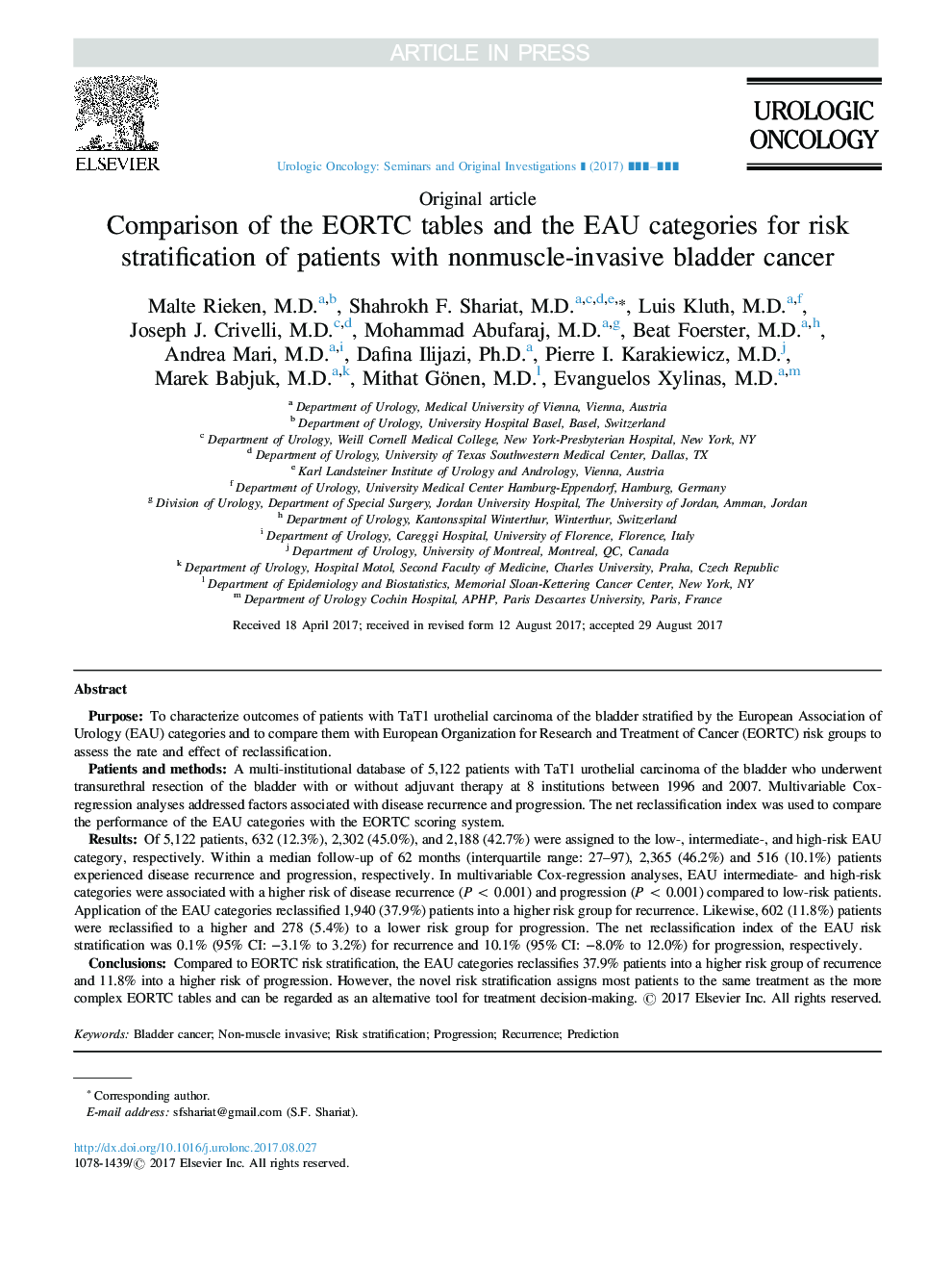 Comparison of the EORTC tables and the EAU categories for risk stratification of patients with nonmuscle-invasive bladder cancer