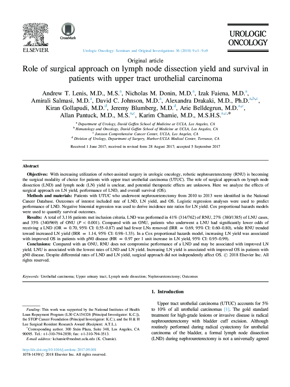 Role of surgical approach on lymph node dissection yield and survival in patients with upper tract urothelial carcinoma