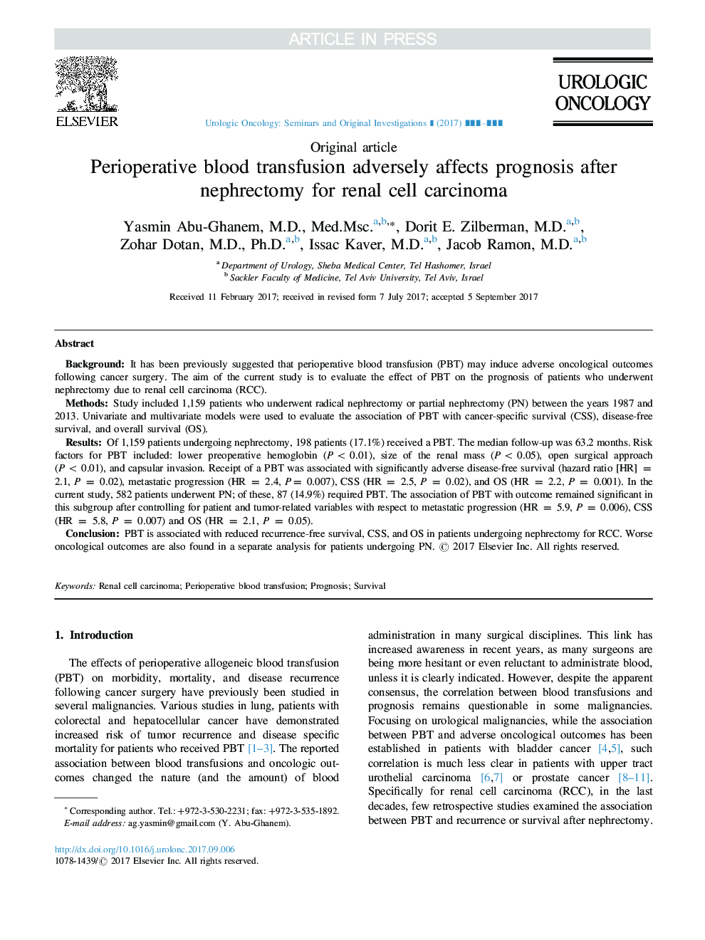 Perioperative blood transfusion adversely affects prognosis after nephrectomy for renal cell carcinoma