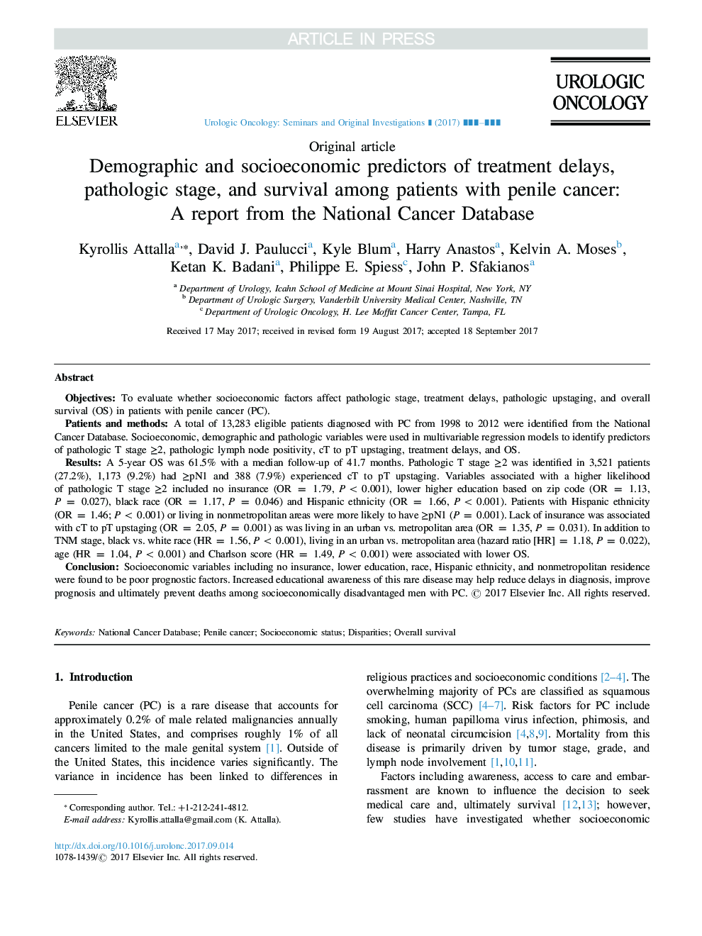 Demographic and socioeconomic predictors of treatment delays, pathologic stage, and survival among patients with penile cancer: A report from the National Cancer Database