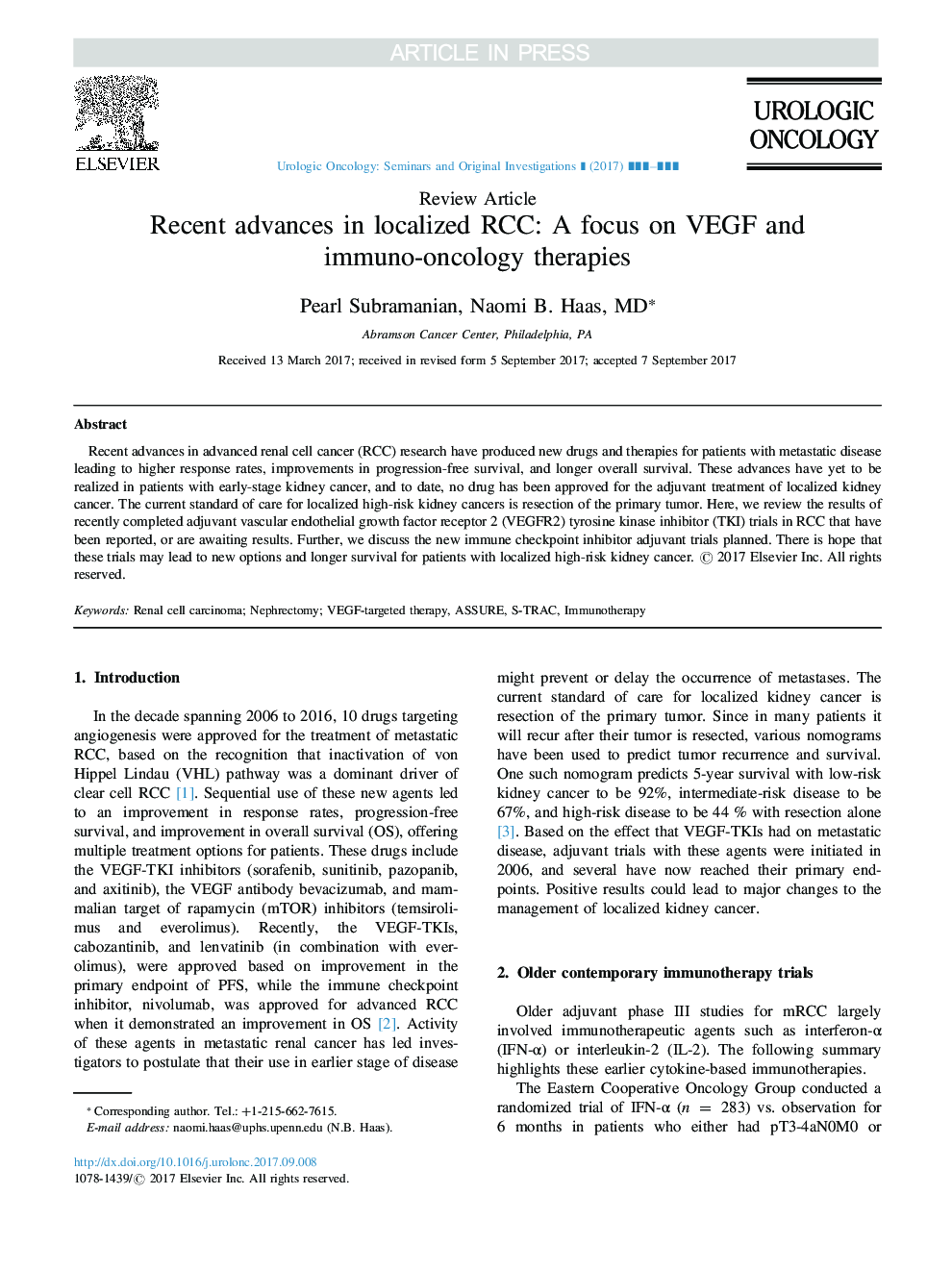 Recent advances in localized RCC: A focus on VEGF and immuno-oncology therapies