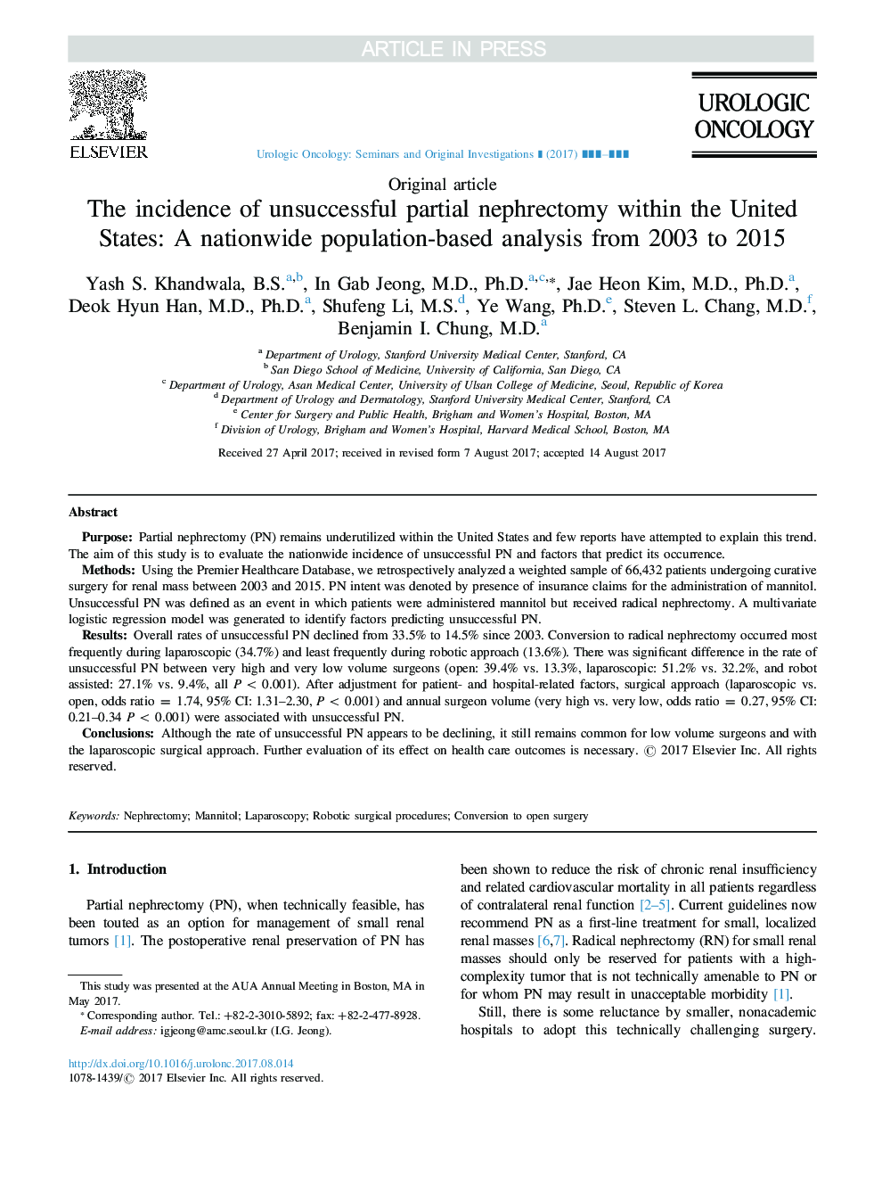 The incidence of unsuccessful partial nephrectomy within the United States: A nationwide population-based analysis from 2003 to 2015