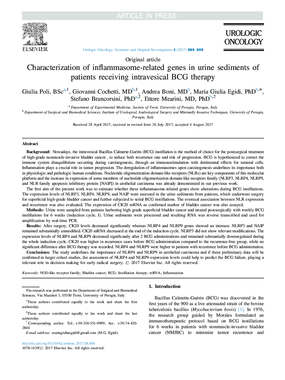 Characterization of inflammasome-related genes in urine sediments of patients receiving intravesical BCG therapy